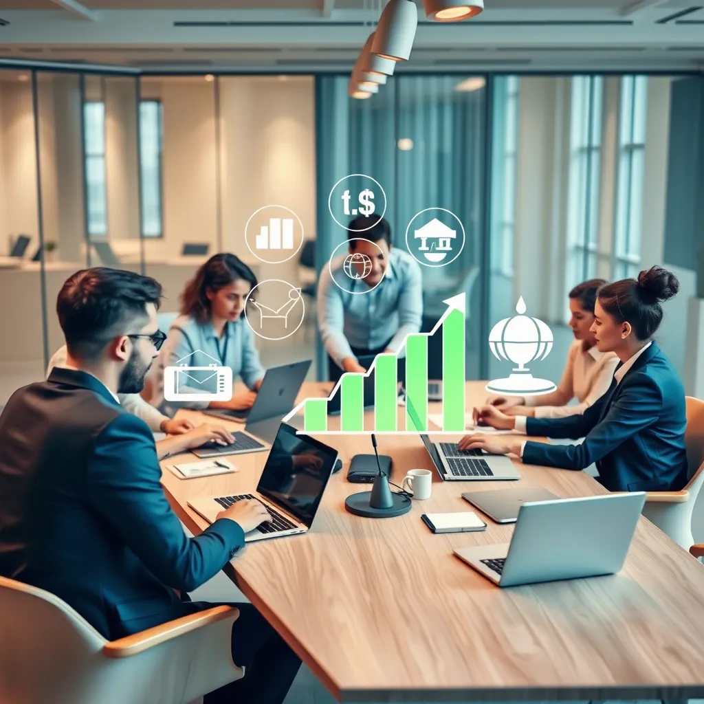 personas en reunión, íconos de elementos de tecnología